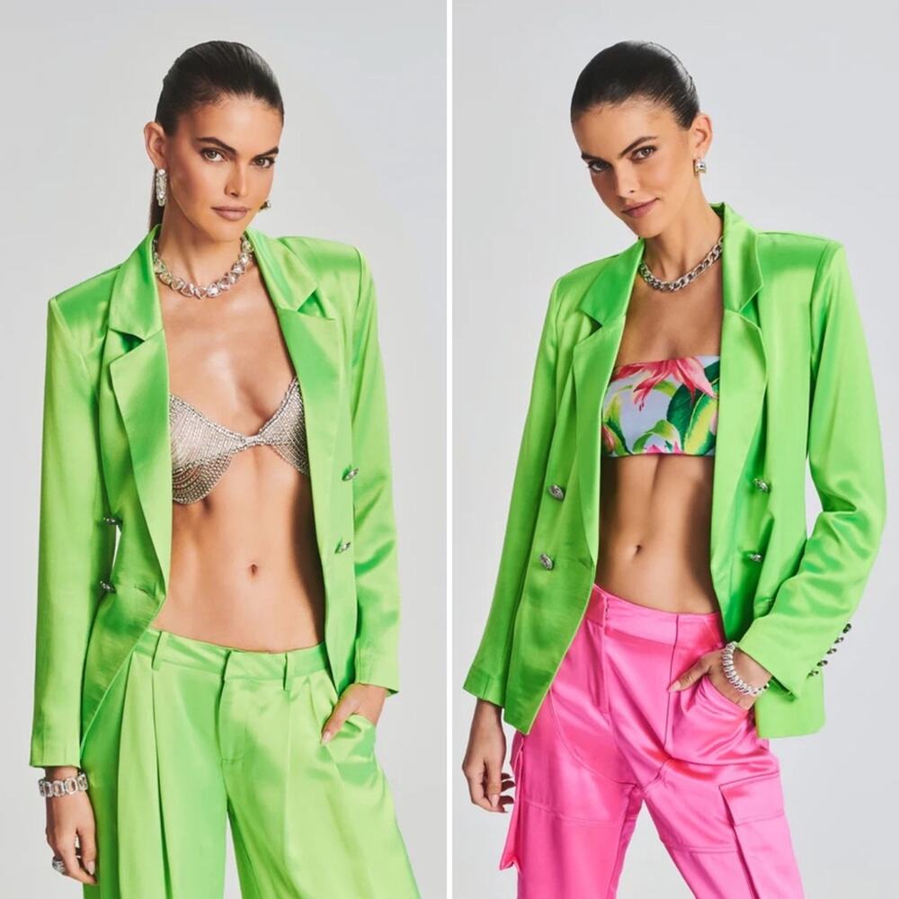 RETROFETE Saige Blazer Lime Punch Green Double Breasted Silver Buttons XS NEW